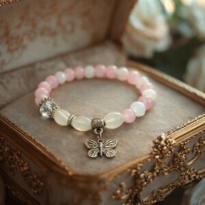 NWOT Vintage Pink Quartz Beaded Butterfly Charm Bracelet
